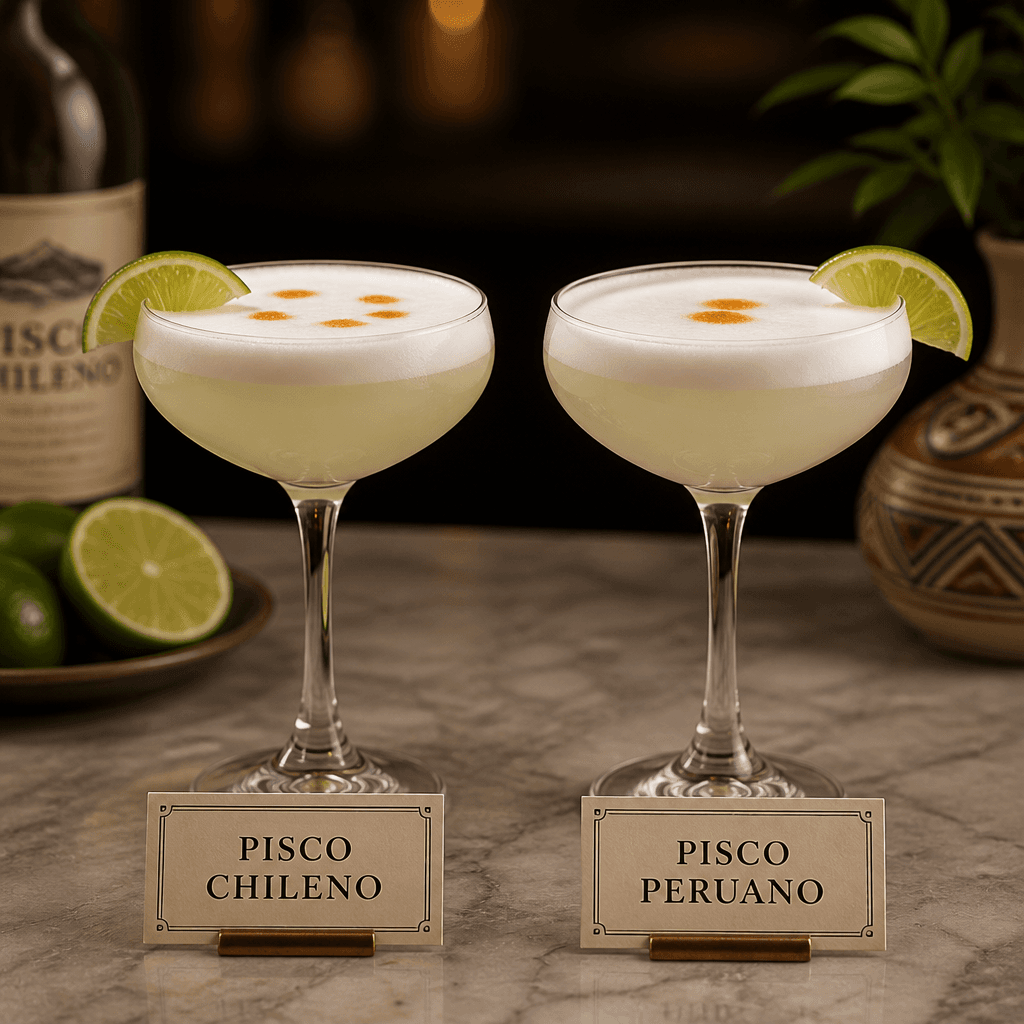 Copas de pisco sour chileno y peruano sobre la mesa