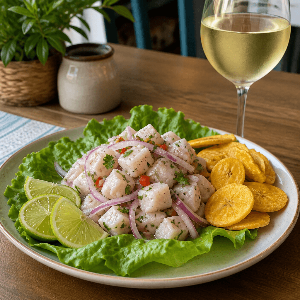 Plato de ceviche servido en mesa con una copa de vino blanco
