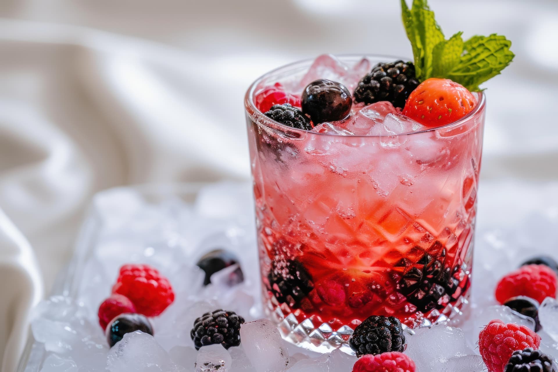 Cóctel de pisco de berries frescos sobre una mesa