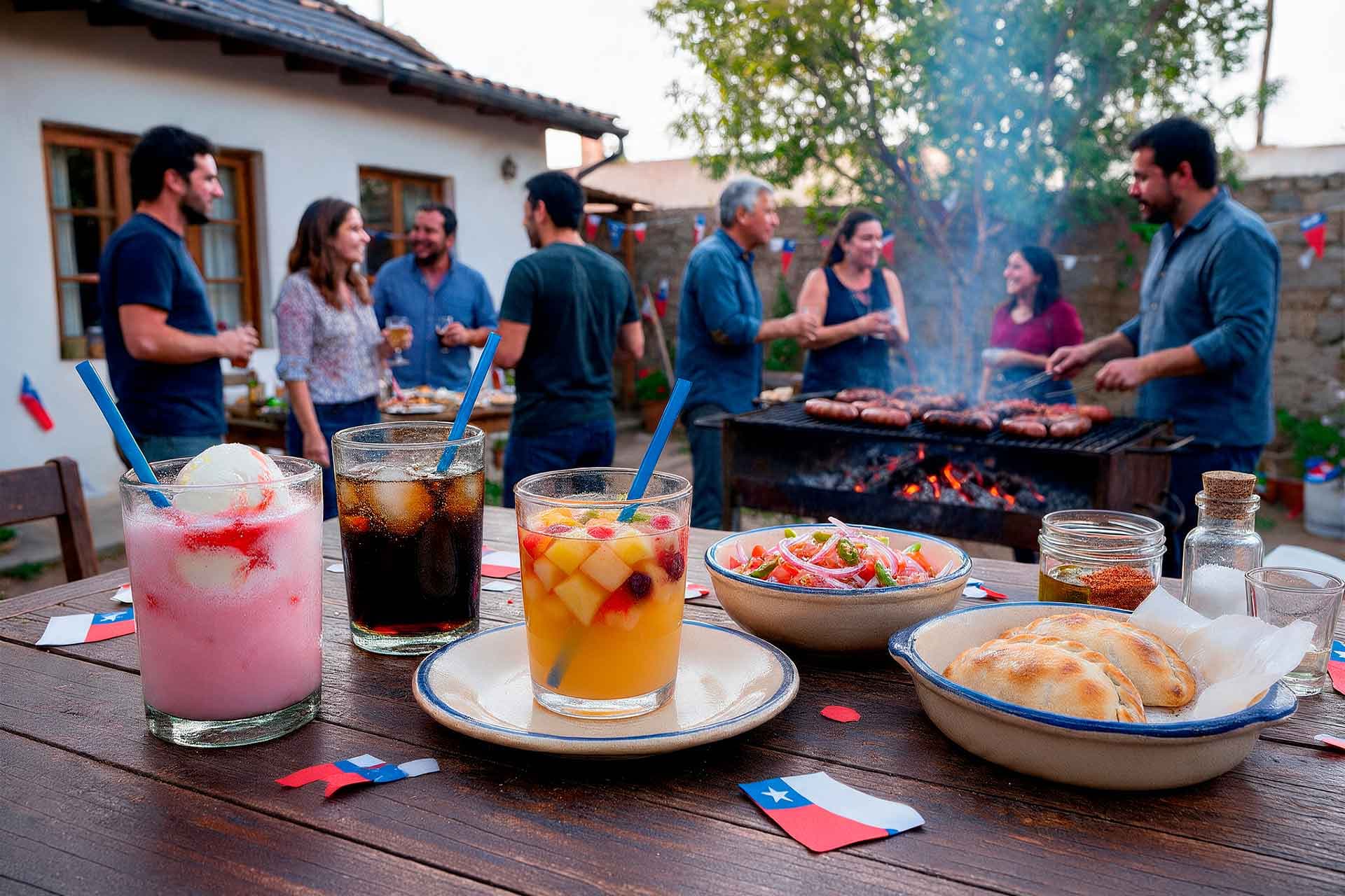 Mesa de fonda chilena con vasos de terremoto, piscola y ponche decorados con colores patrios