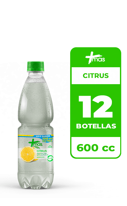 12x Agua Saborizada Mas Citrus Limón Con Gas Botella 600cc