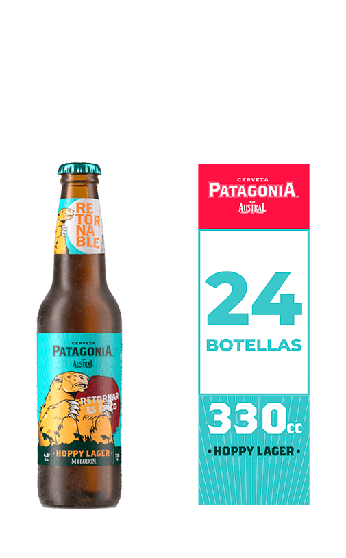 24x Cerveza Patagonia Hoppy Lager 4.8° Retornable + Envase Botella 330cc