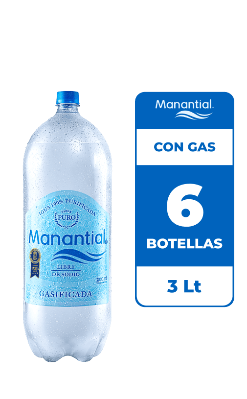 6x Agua Purificada Manantial Con Gas Botella 3L