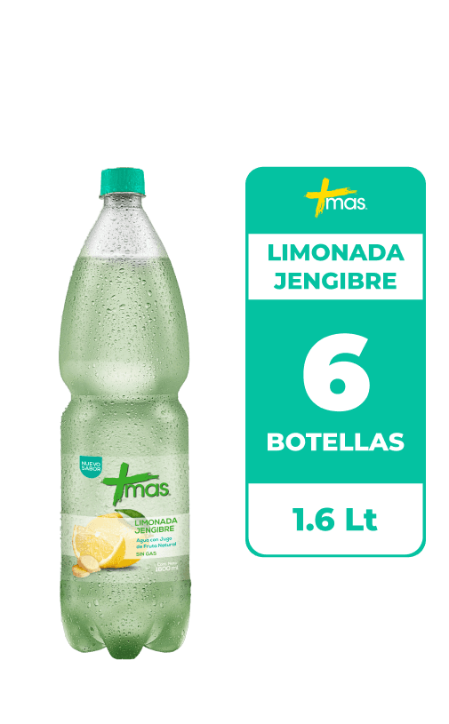 6x Agua Saborizada Mas Limonada Jengibre Botella 1.6L
