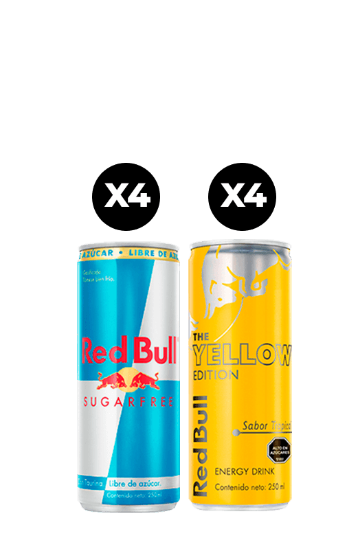 8x Bebida Energética Red Bull Sin Azúcar + Tropical 250cc