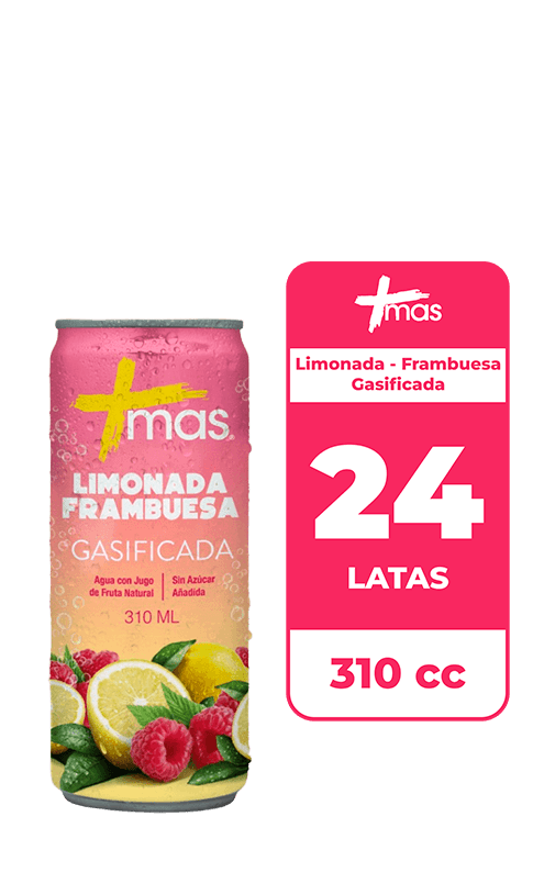 24x Agua Saborizada Mas Limonada Frambuesa Con Gas Lata 310cc