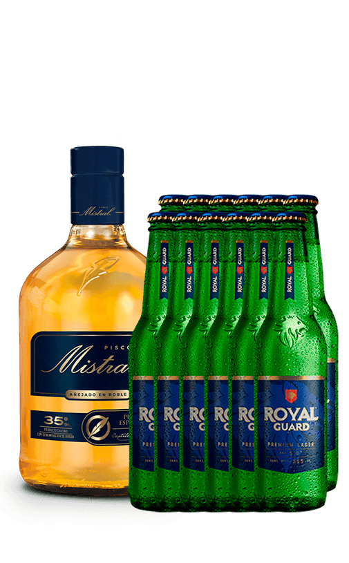 Pack Pisco Mistral 35° 750cc + 12x Cerveza Royal Guard 5.0° Botella 355cc