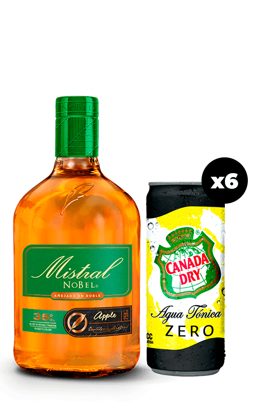 Pack Mistral Nobel Apple 35° 750cc + 6x Agua Tónica Canada Dry Zero Lata 310cc