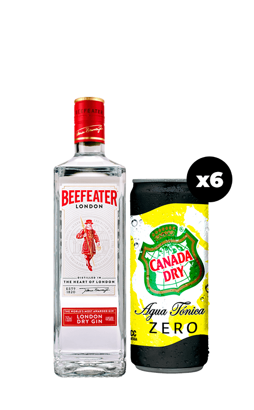 Pack Gin Beefeater London Dry 40° 750cc + 6x Agua Tónica Canada Dry Zero Lata 310cc