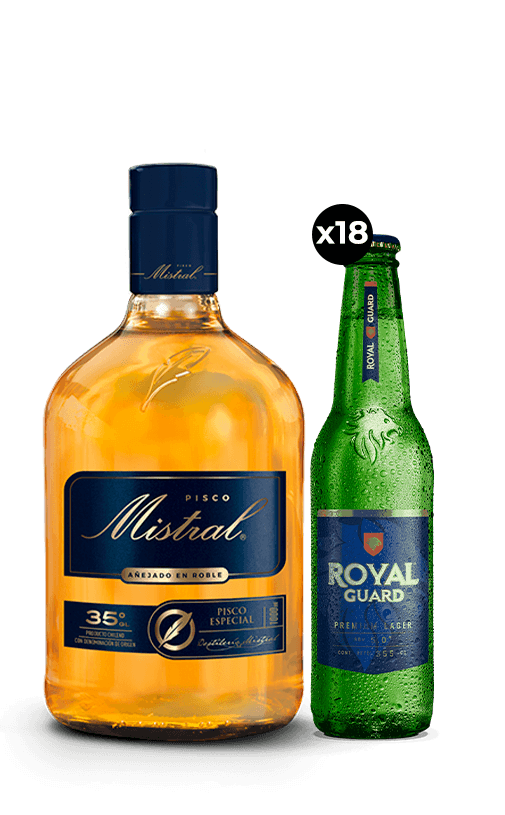 Pack Pisco Mistral 35° 1L + 18x Cerveza Royal Guard 5.0° Botella 355cc