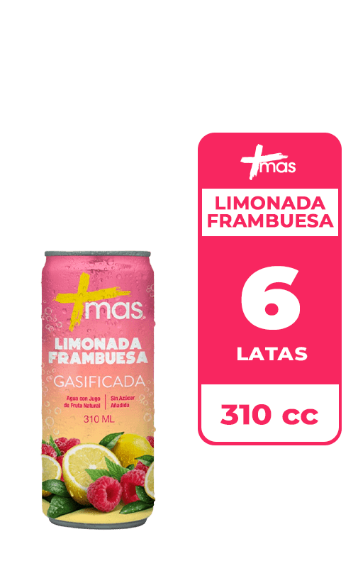 6x Agua Saborizada Mas Limonada Frambuesa Con Gas Lata 310cc