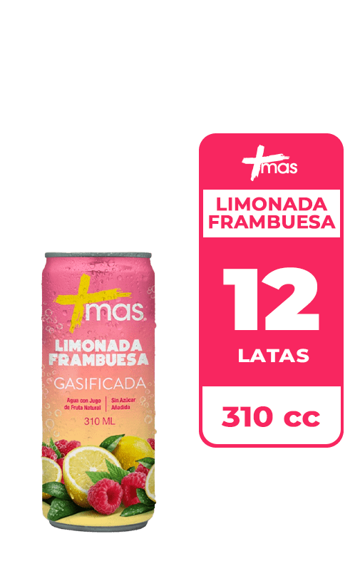 12x Agua Saborizada Mas Limonada Frambuesa Con Gas Lata 310cc