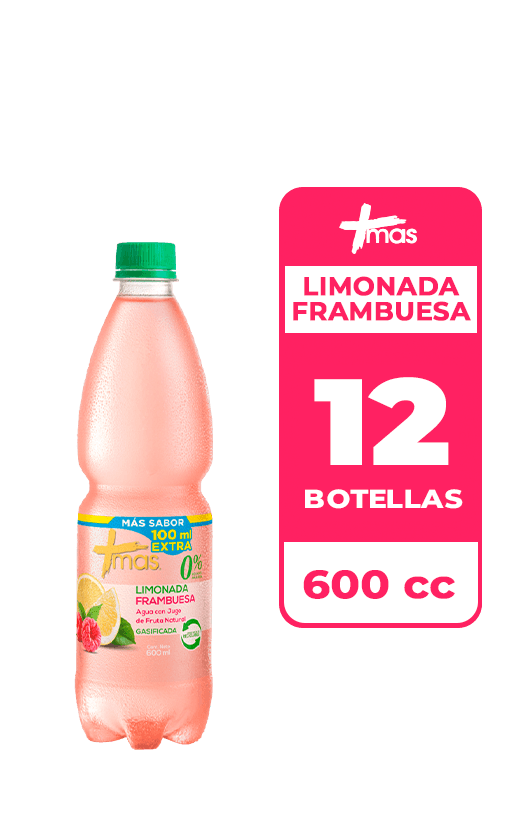 12x Agua Saborizada Mas Limonada Frambuesa Con Gas Botella 600cc